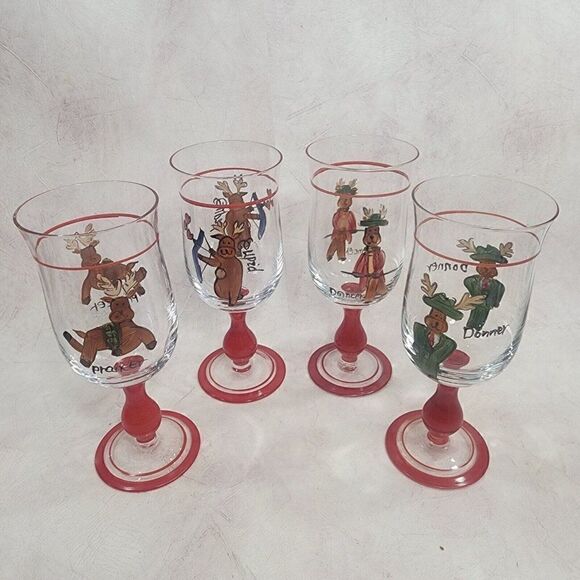 Set Of 7 Potterybarn Christmas Reindeer Goblets Glasses - Picture 4 of 8